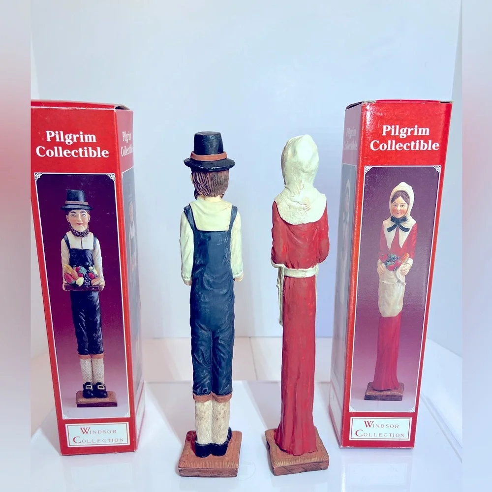Vintage Thanksgiving Decor Featuring a Set of Pilgrim Figurines Carrying Fruit.